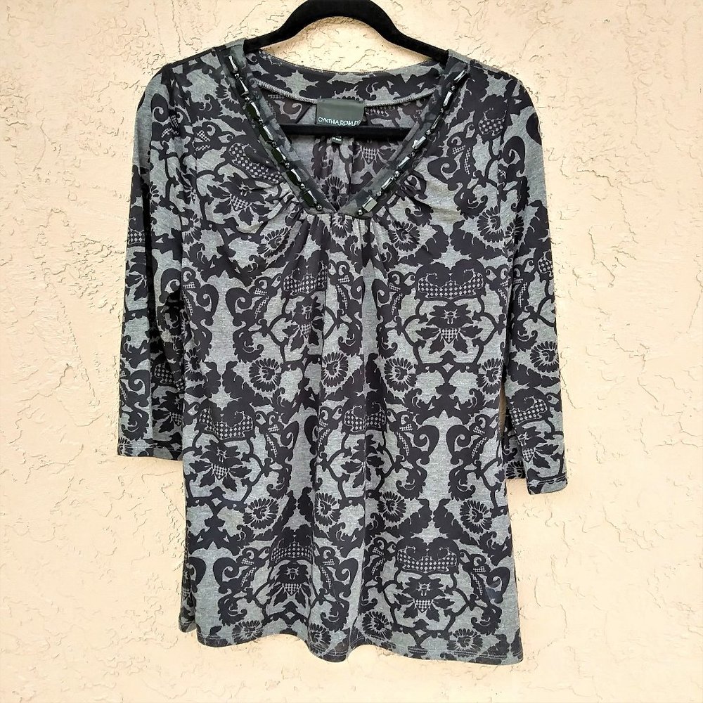 CYNTHIA ROWLEY BEADED BLOUSE 3/4 SLEEVE V-NECK